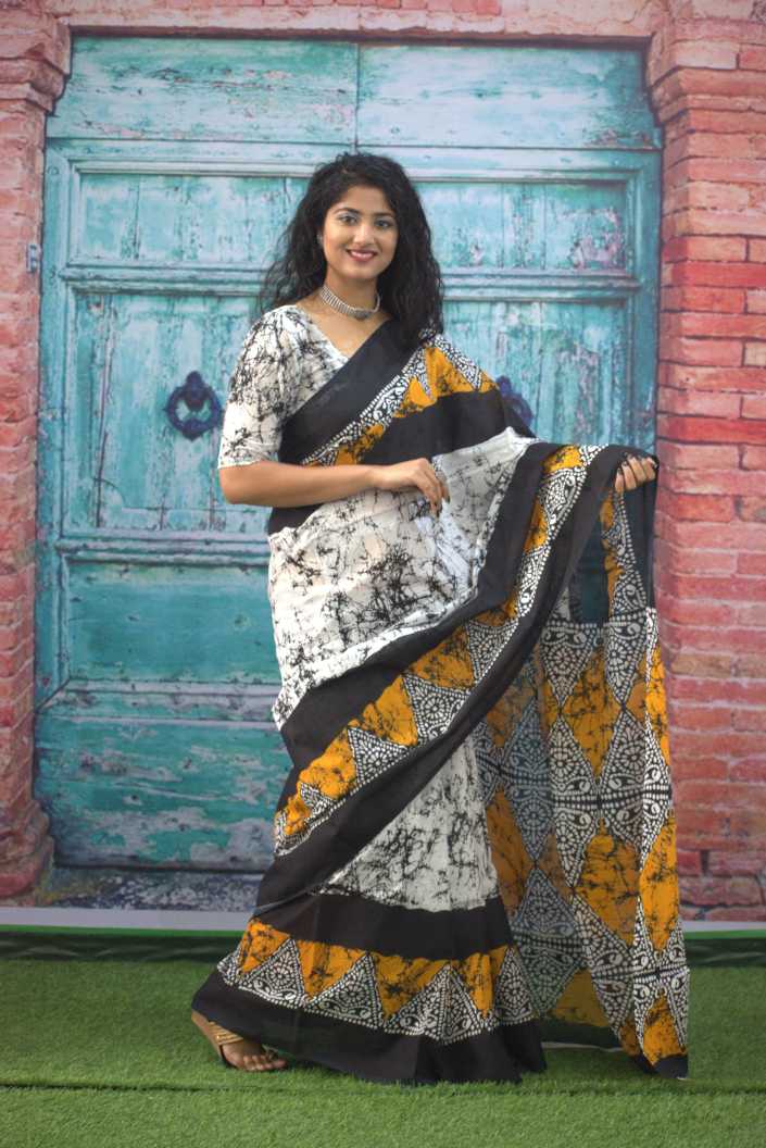 Printed Mustard Batik Print Cotton MulMul Saree