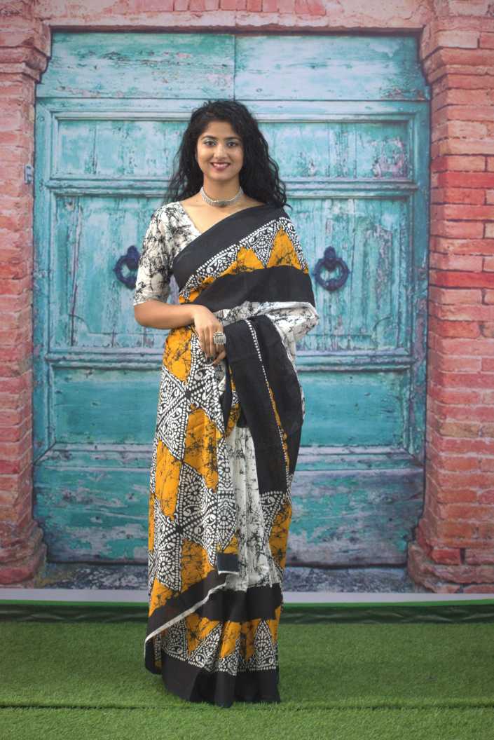 Printed Mustard Batik Print Cotton MulMul Saree