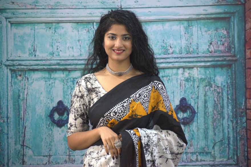 Printed Mustard Batik Print Cotton MulMul Saree