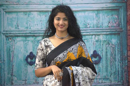 Printed Mustard Batik Print Cotton MulMul Saree
