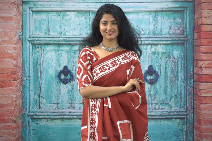 Printed Red Dabu Print Cotton MulMul Saree