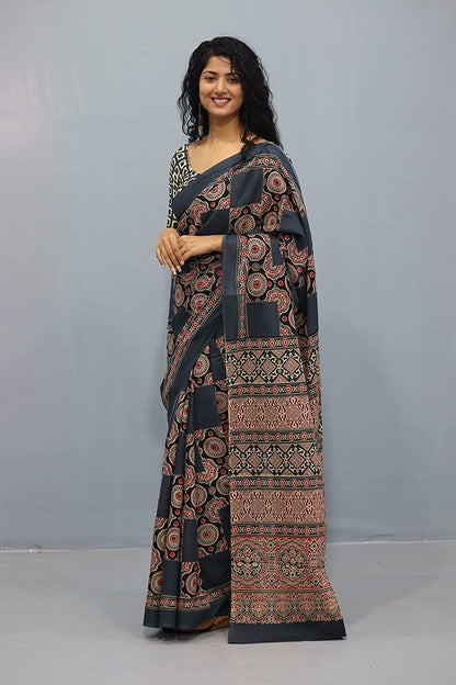 Printed Grey Ajrak Print Cotton MulMul Saree