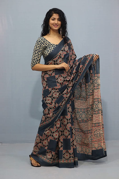 Printed Grey Ajrak Print Cotton MulMul Saree