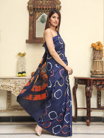 Printed Blue Shibori Print Cotton MulMul Saree