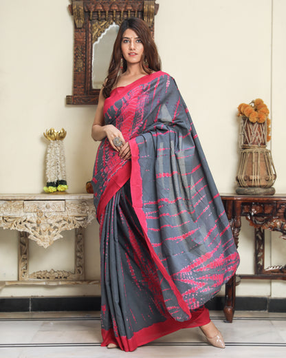 Printed Grey Shibori Print Cotton MulMul Saree