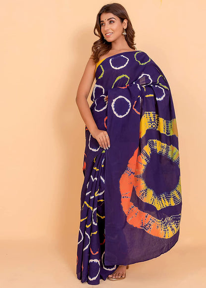 Printed Blue Shibori Print Cotton MulMul Saree