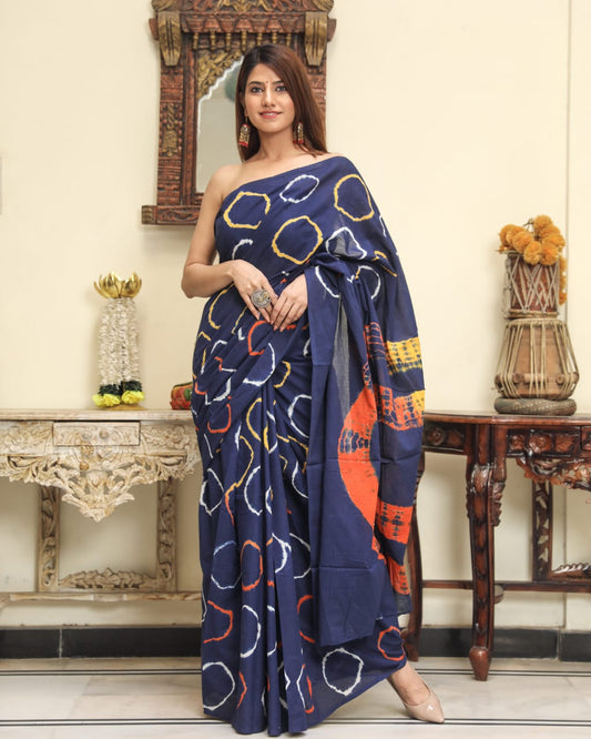 Printed Blue Shibori Print Cotton MulMul Saree