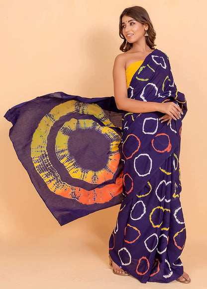 Printed Blue Shibori Print Cotton MulMul Saree