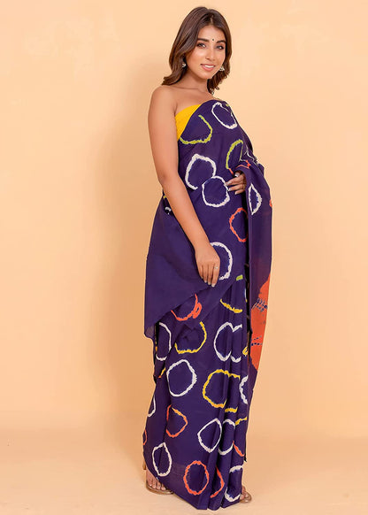 Printed Blue Shibori Print Cotton MulMul Saree