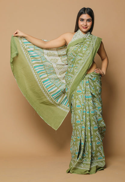 Cotton MulMul Green Printed Sarees