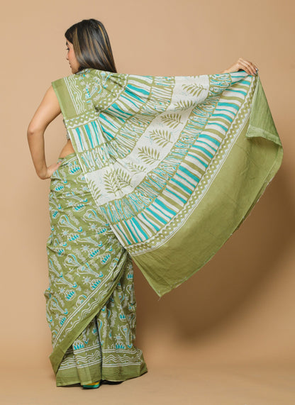 Cotton MulMul Green Printed Sarees